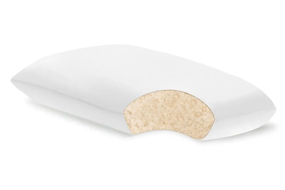 PlushBeds Shredded Latex and Kapok Pillow, cut away to show the adjustable organic shredded latex fill